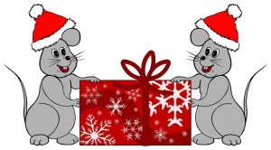 Two mice holding a Christmas gift