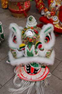 chinese lion dance headgear with colourful decoration