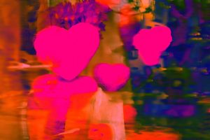 A composition of flying pink hearts on colourful background