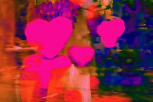 A composition of flying pink hearts on colourful background