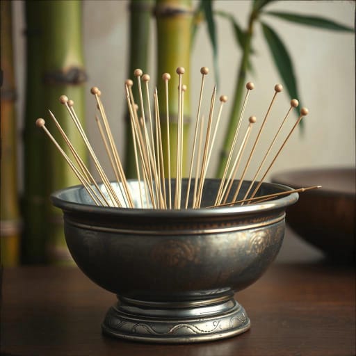 Acupuncture Needles In A Brass Bowl