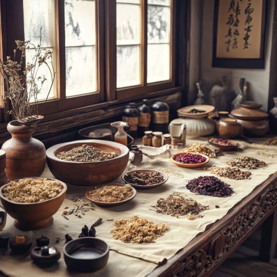 Chinese Herbal Medicine Displayed On A Table